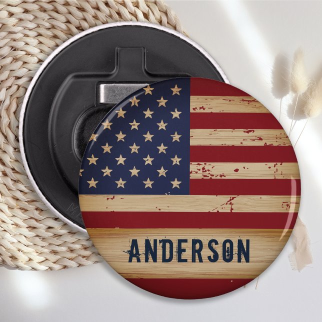 Personlig American Flagga Rustic Wood Patriotic Flasköppnare (Skapare uppladdad)