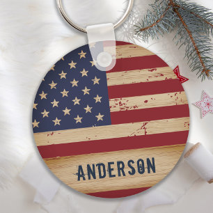 Personlig American Flagga Rustic Wood Patriotic Nyckelring