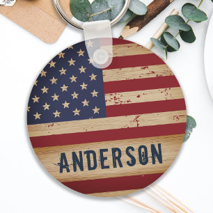 Personlig American Flagga Rustic Wood Patriotic Nyckelring