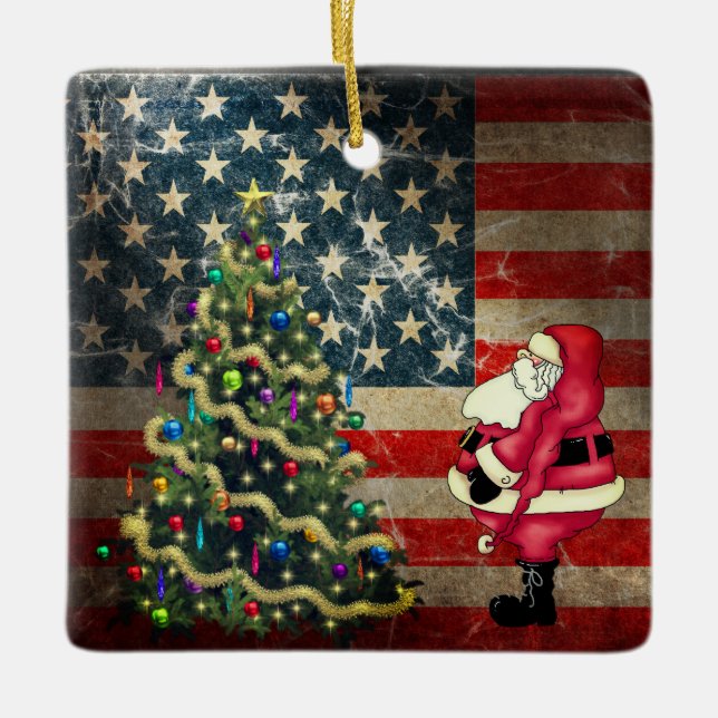 Personlig American Flagga, Santa, Julgran Julgransprydnad Keramik (Framsida)