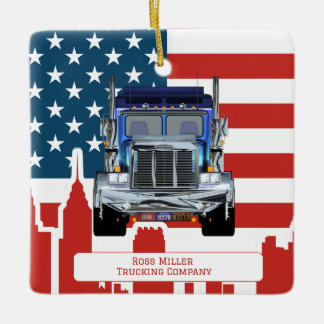 Personlig American Flagga Skyline Trucker Julgransprydnad Keramik