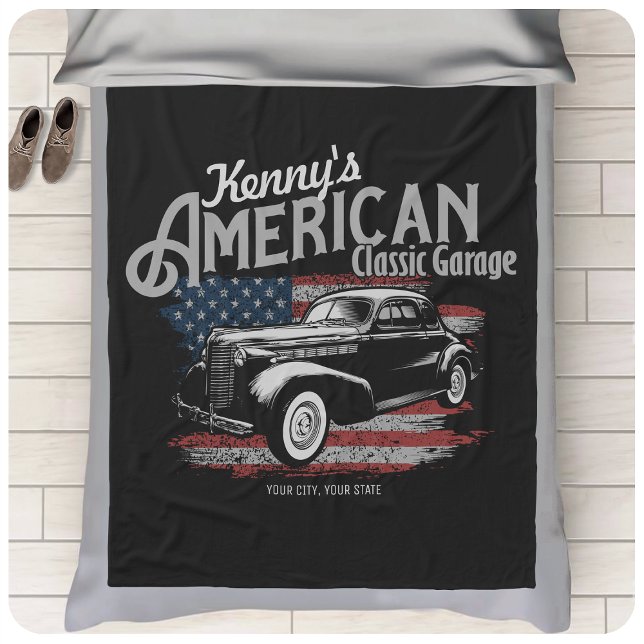 Personlig American Vintage Classic Car Garage Fleecefilt (Skapare uppladdad)