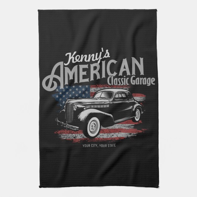 Personlig American Vintage Classic Car Garage Kökshandduk (Vertikal)