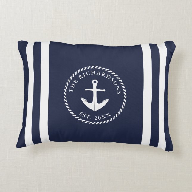 Personlig Anchor och Rand Navy Blue Prydnadskudde (Baksidan)