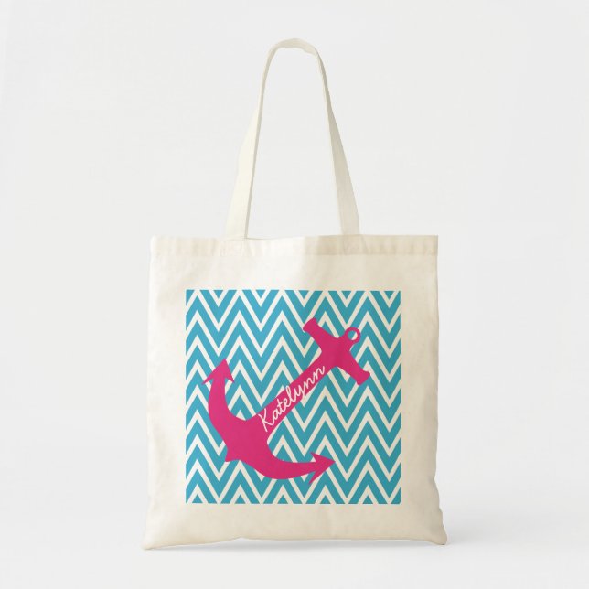 Personlig Anchor & Turcouise Chevron Tote Bag Tygkasse (Framsidan)