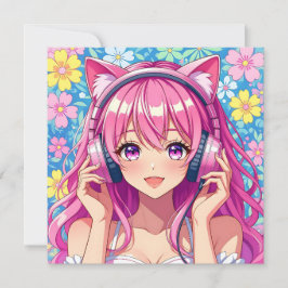Personlig Anime Girl med hörlurar på födelsedagen Kort