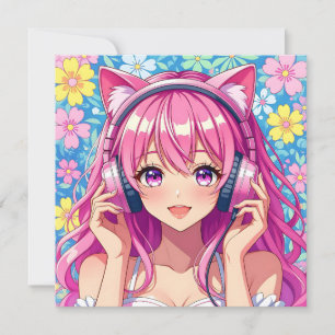 Personlig Anime Girl med hörlurar på födelsedagen Kort