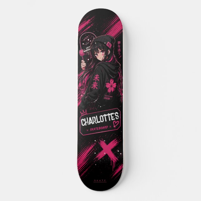 Personlig Animeflicka Rosa Skateboarddäck Mini Skateboard Bräda 18,5 Cm (Framsida)