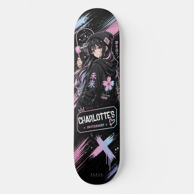 Personlig Animerad Pastell och Svart Skateboard (Framsida)