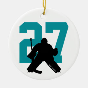 Personlig Anpassningsbar Hockey Goalie Number Teal Julgransprydnad Keramik