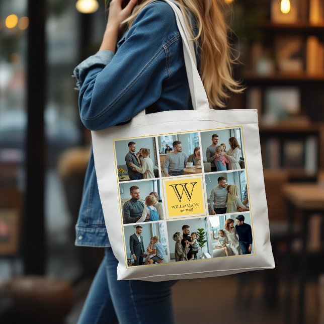 Personlig Anpassningsbar Monogram Family Photo Col Tygkasse (Personalized Custom Monogram Family Photo Collage Tote Bag)