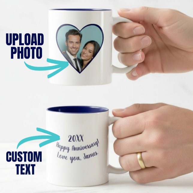 Personlig Anpassningsbar på årsdagen Foto Heart Bl Två-Tonad Mugg (Personalized Anniversary Custom Photo Heart Blue Two-Tone Coffee Mug)