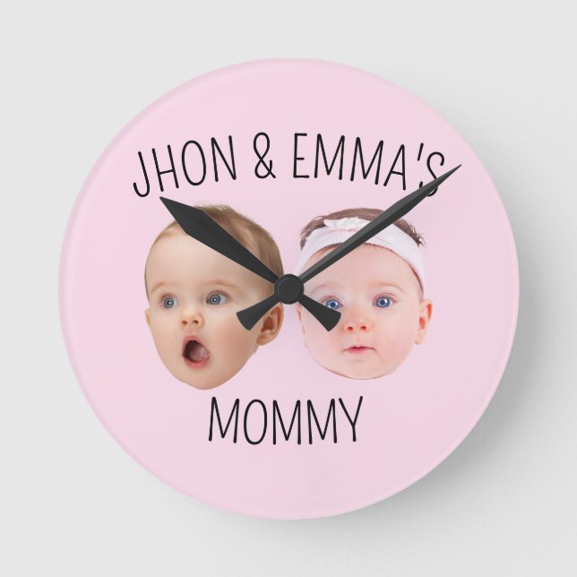 Personlig Ansikte Photo Kids, Mors dag Gift Rund Klocka (Framsida)