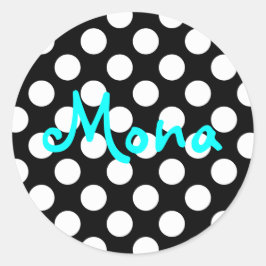 Personlig Aqua Black and White Polka Dot Runt Klistermärke