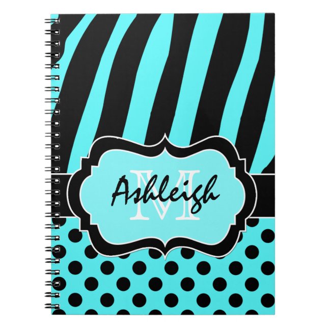 Personlig Aqua Black White Stripe Polka dots Anteckningsbok Med Spiral (Framsidan)