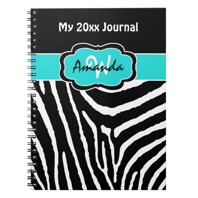 Personlig Aqua Black White Zebra Rand Journal Anteckningsbok (Framsidan)