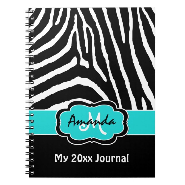 Personlig Aqua Black White Zebra Rand Journal Anteckningsbok (Framsidan)