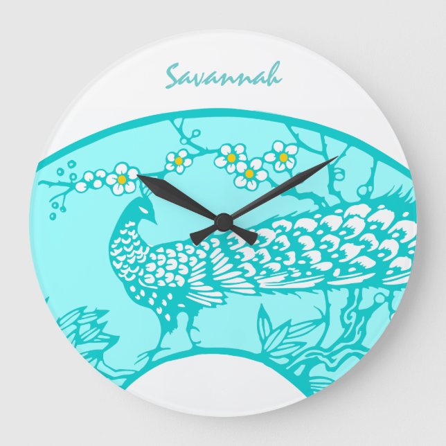 Personlig Aqua Peacock Bird Wall Clock Stor Klocka (Framsida)