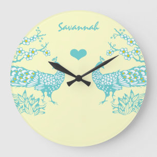 Personlig Aqua Peacock Bird Wall Clock Stor Klocka