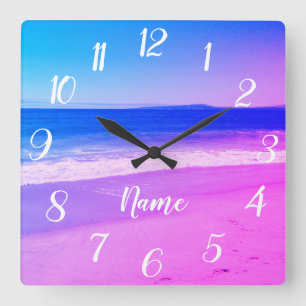 Personlig Aqua Rosa Ombre Beach Scene Fyrkantig Klocka