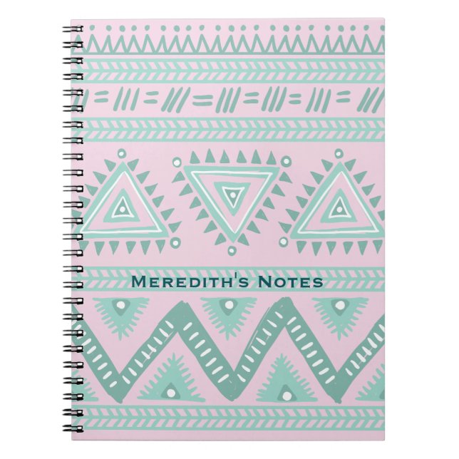 Personlig Aqua-Teal Tribal Mönster på Rosa Anteckningsbok Med Spiral (Framsidan)