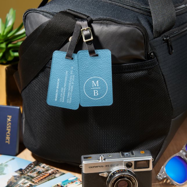 Personlig Aqua Turkos Blå Läderlook Bagagebricka (Fram & Baksida)
