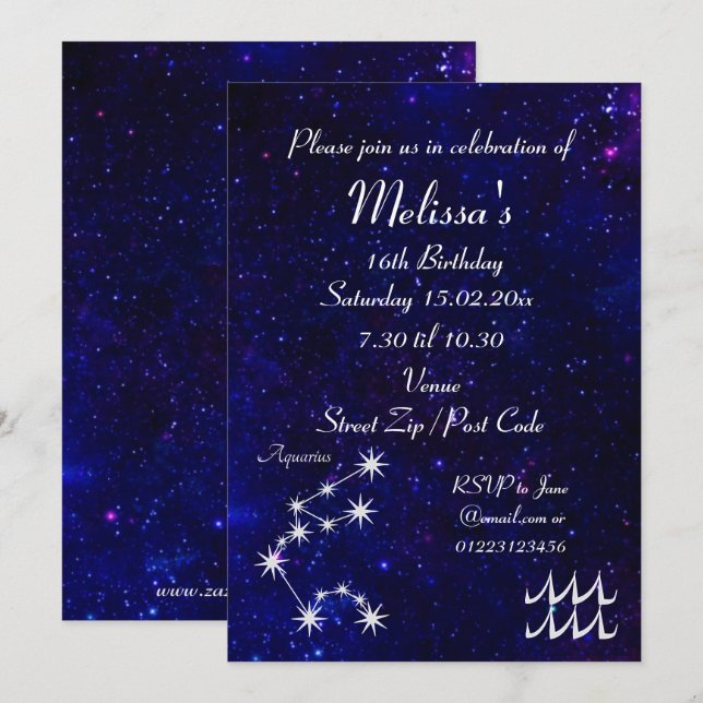 Personlig Aquarius Zodiac Galaxy Party Inbjudningar (Fram/baksida)