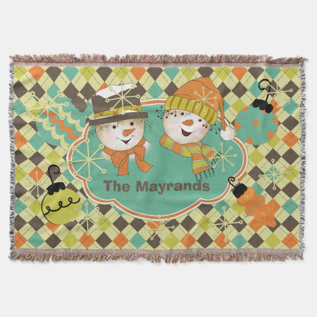 Personlig Argyle-Snögubbar Helgdag Knapp Filt (Framsidan)