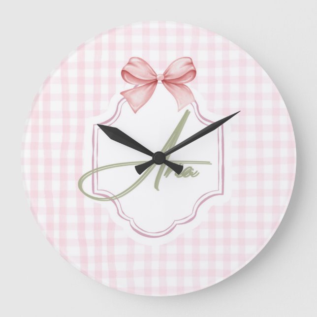 Personlig Aria Flicka Nursery Bow&Gingham Stor Klocka (Framsida)