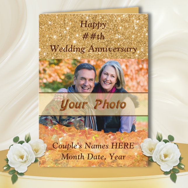 Personlig Årsdagar för honom och henne Kort (50th anniversary photo cards. Picture anniversary cards. Personalised photo anniversary cards. Gold)