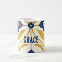 Personlig Art Deco Blommig Marinblå & Guld Kaffemugg