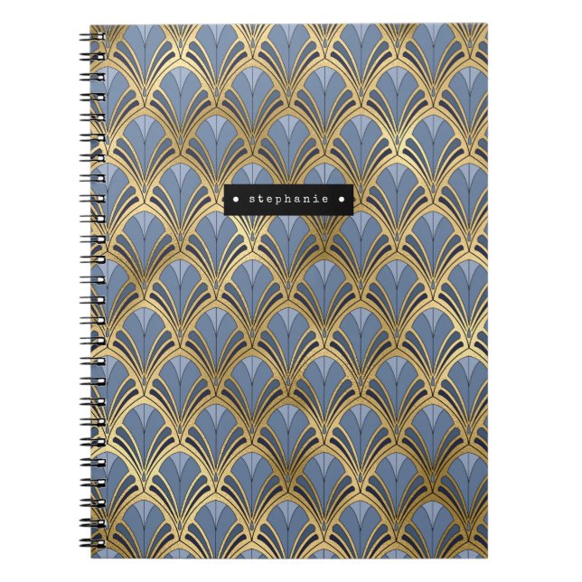 Personlig Art Deco Fläkt Mönster Blue Guld Anteckningsbok (Framsidan)