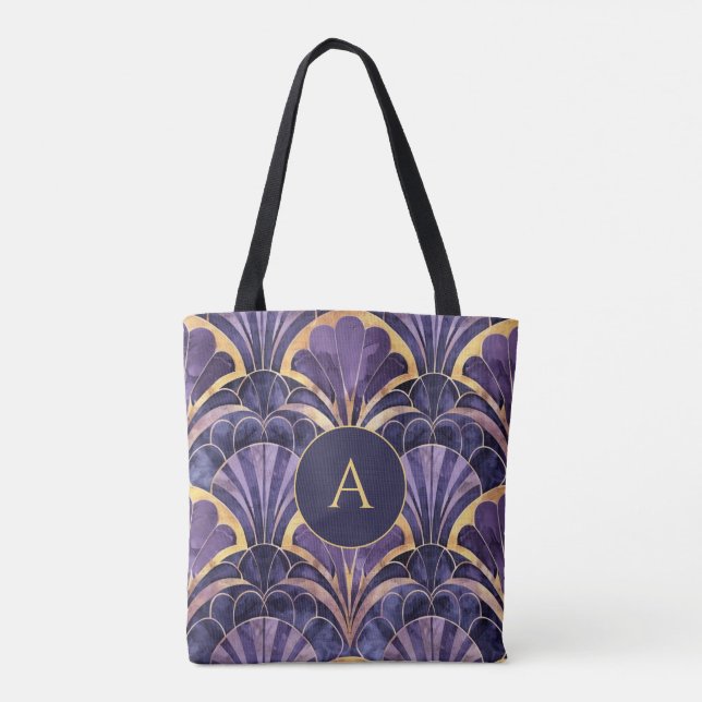 Personlig Art Deco-monogram Elegant Lila Guld Tygkasse (Baksida)