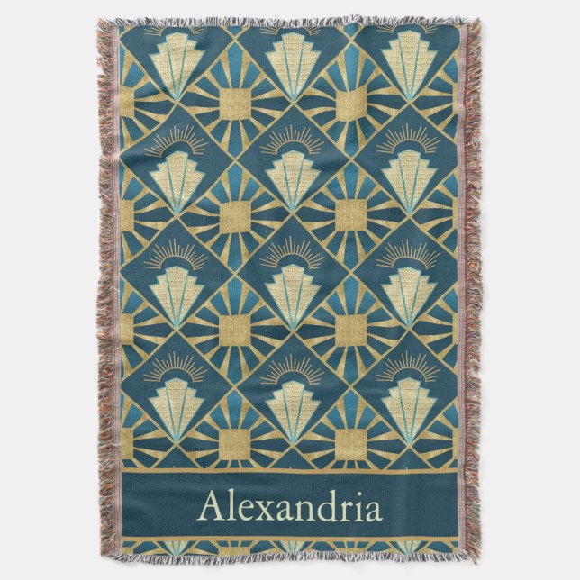 Personlig Art Deco Teal & Guld Geometrisk Namn  Filt (Framsidan Vertikal)