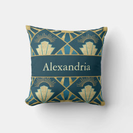 Personlig Art Deco Teal & Guld Geometrisk Namn Kudde