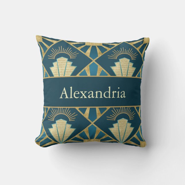 Personlig Art Deco Teal & Guld Geometrisk Namn  Kudde (Framsida)