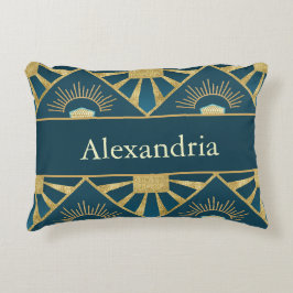 Personlig Art Deco Teal & Guld Geometrisk Namn Prydnadskudde
