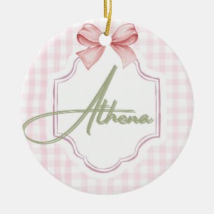 Personlig Athena Flicka Nursery Bow&Gingham Julgransprydnad Keramik