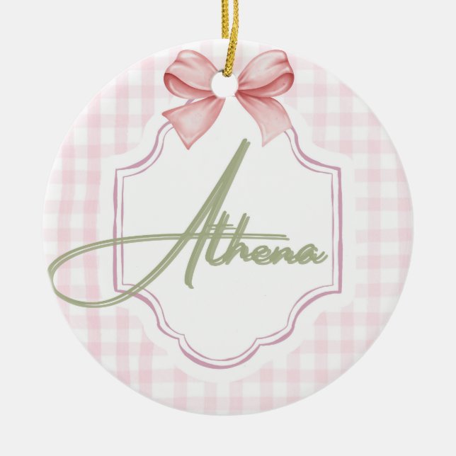 Personlig Athena Flicka Nursery Bow&Gingham Julgransprydnad Keramik (Framsidan)