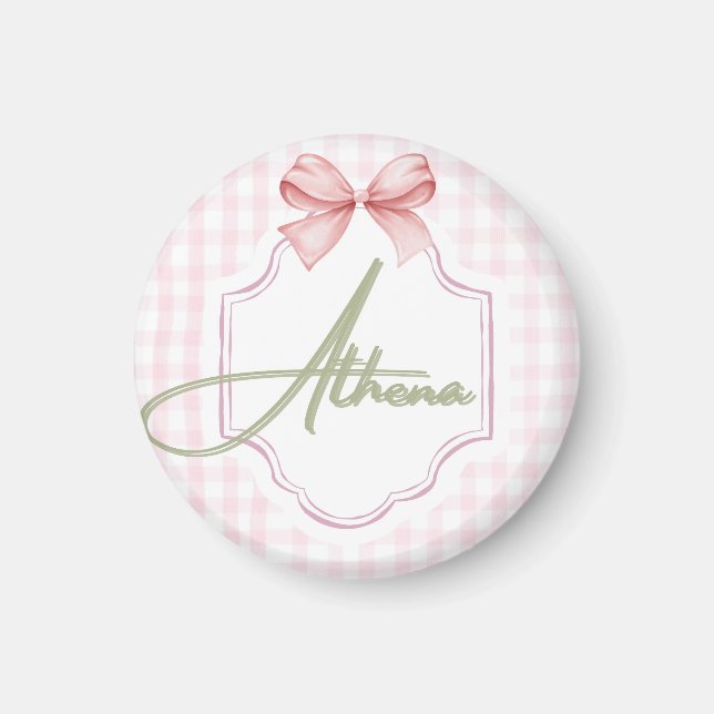 Personlig Athena Flicka Nursery Bow&Gingham Magnet (Framsidan)