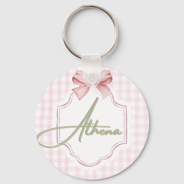 Personlig Athena Flicka Nursery Bow&Gingham Nyckelring (Framsida)