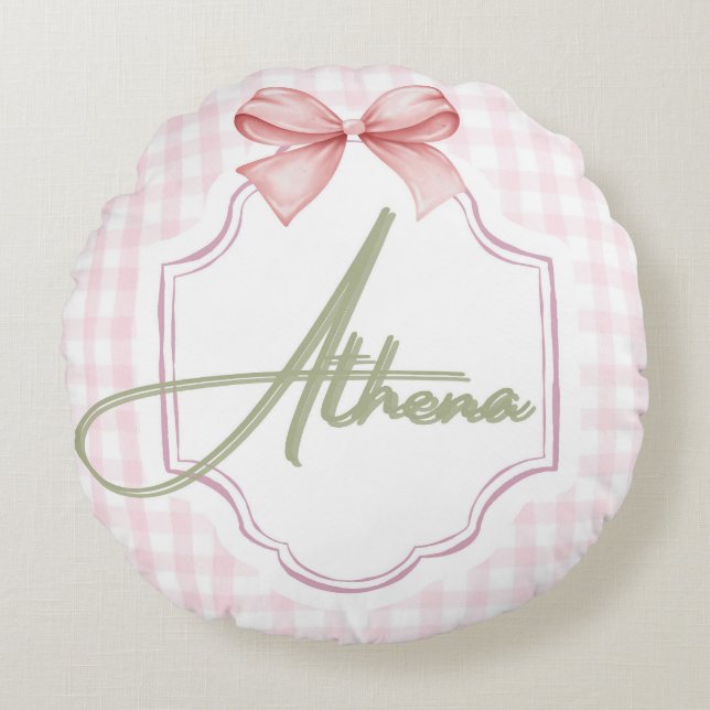 Personlig Athena Flicka Nursery Bow&Gingham Rund Kudde (Framsidan)