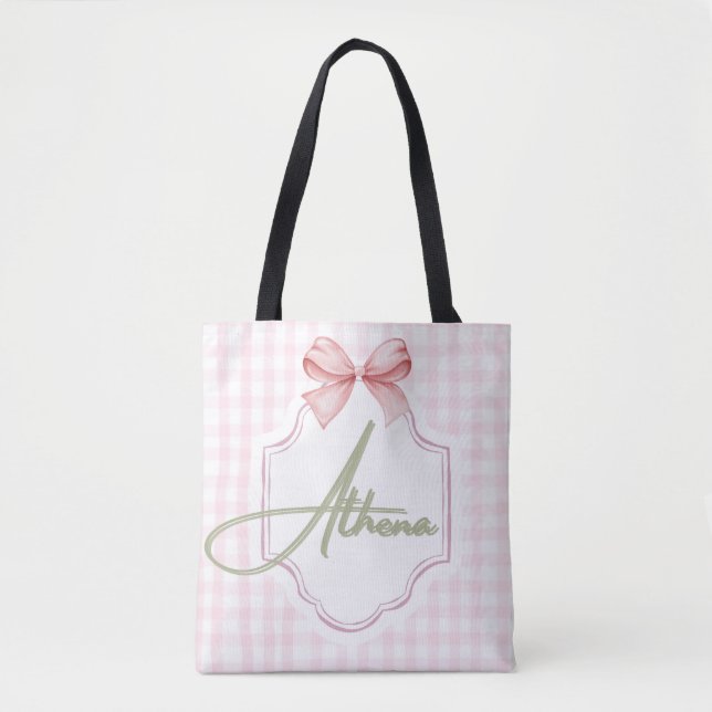 Personlig Athena Flicka Nursery Bow&Gingham Tygkasse (Framsida)