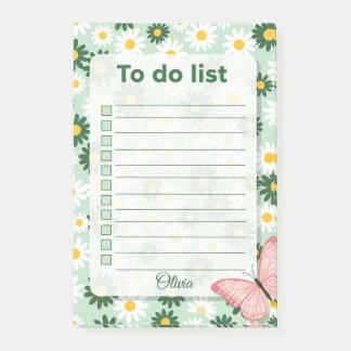 Personlig att göra-lista med tusenskönor och fjäri post-it block