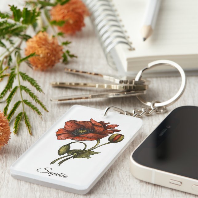 Personlig August Flower Keychain - Poppy (Högra Framsidan)