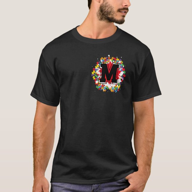 Personlig Autism Awareness Initial M Brev Mon T Shirt (Framsida)