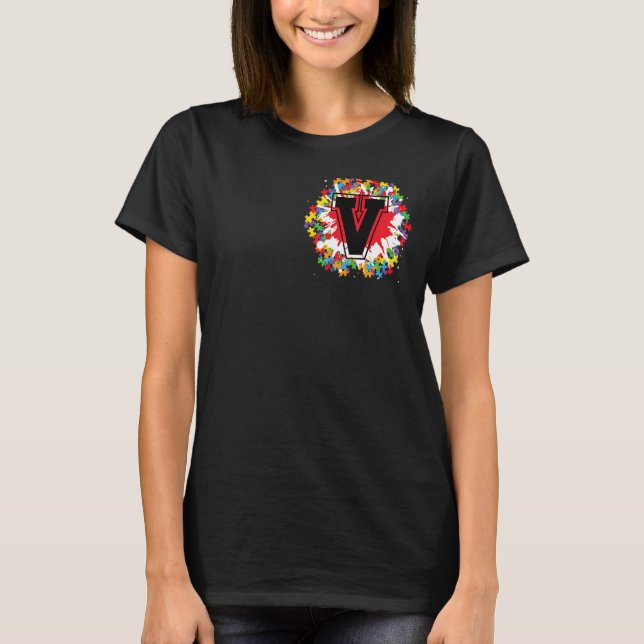 Personlig Autism Awareness Initial V Brev Mon T Shirt (Framsida)