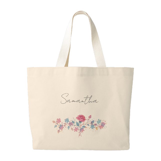 Personlig autism Pusselros shoppingväska Jumbo Tygkasse (Personalized autism Puzzle rose shopping tote bag)