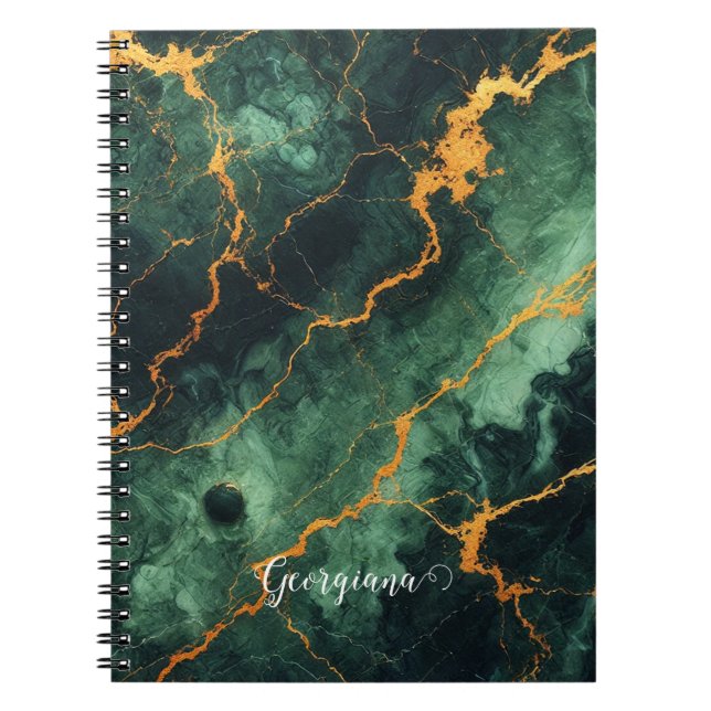 Personlig Autumnal Forest Grönt & Guld Marble Anteckningsbok (Framsidan)