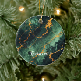 Personlig Autumnal Forest Grönt & Guld Marble Julgransprydnad Keramik
